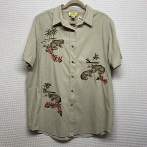 Vintage C.S.T.  Sport Button Up Shirt Top Women's 20W Beige Animal Embroidered